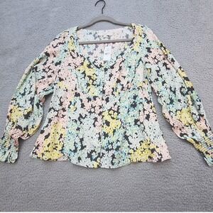 Loft Blouse Womens Medium Black Floral Empire Waist Smocked Boho Cottagecore